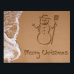 Christmas in Summer Poster<br><div class="desc">Sunny Christmas illustration featuring a snowman and Merry Christmas written in the sand on the beach next to the ocean.</div>