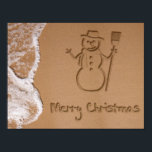 Christmas in Summer Poster<br><div class="desc">Sunny Christmas illustration featuring a snowman and Merry Christmas written in the sand on the beach next to the ocean.</div>