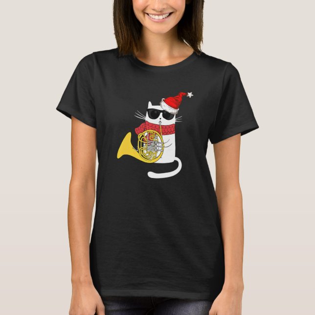 Christmas Jazz Cat Playing French Horn T Shirt (Framsida)