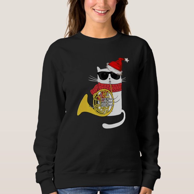 Christmas Jazz Cat Playing French Horn T Shirt (Framsida)