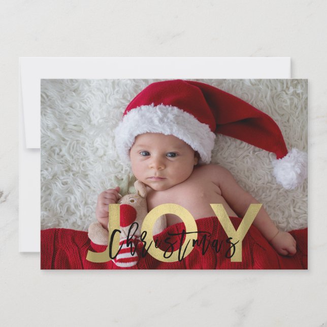 CHRISTMAS JOY Gold Foil & Black Modern Photo Julkort (Framsida)