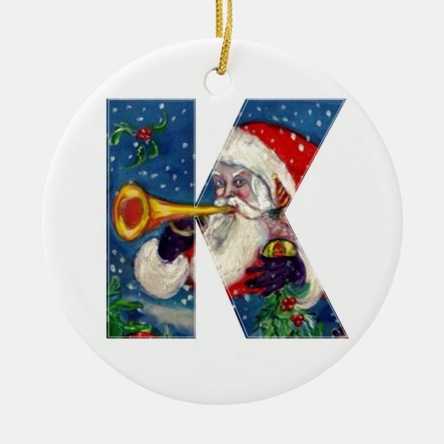 CHRISTMAS K BREV / JULTOMTEN BUGLER MONOGRAM JULGRANSPRYDNAD KERAMIK (Framsidan)