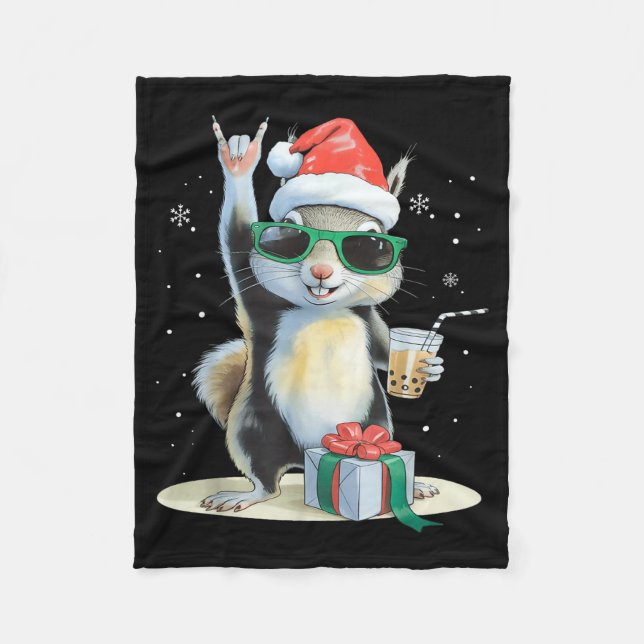 Christmas Kawaii Squirrel Bubble Tea Boba Squirrel Fleecefilt (Framsidan)