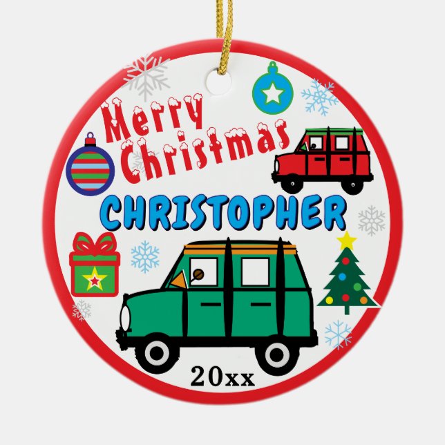 Christmas Kids PHOTO Name Green Red Cars Julgransprydnad Keramik (Framsidan)