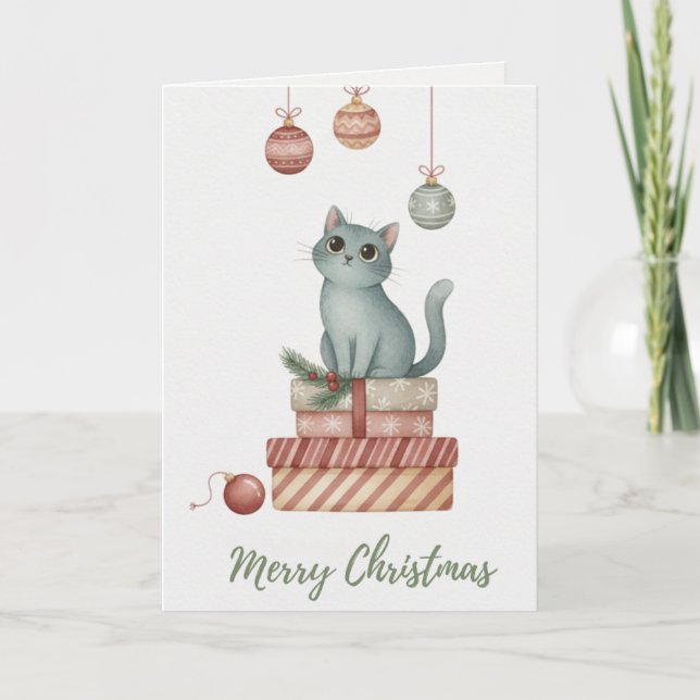 Christmas Kitten on Gift Boxes Card Kort (Framsida)