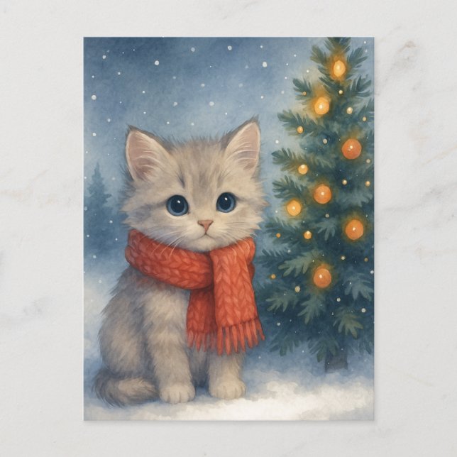 Christmas Kitten Postcard Cute Cat in Red Scarf  Vykort (Framsida)