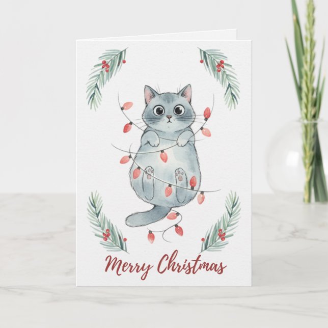 Christmas Kitten Tangled in Lights Card Kort (Framsida)