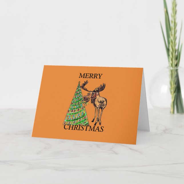 CHRISTMAS-KORT - MOOSE EATING JULGRAN HELGKORT (Framsida)