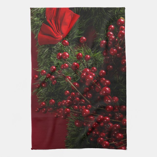 Christmas-krans med röda bär kökshandduk (Vertikal)