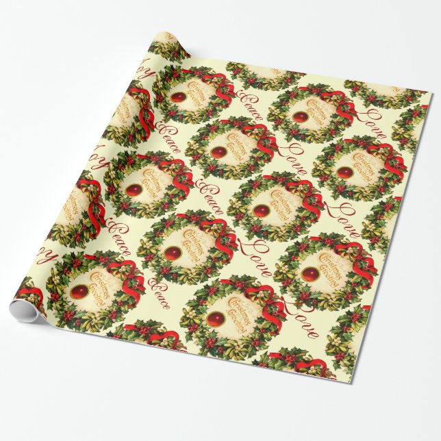 CHRISTMAS KRONA MED HOLLY BERRIES, JOY PEACE KÄRLE PRESENTPAPPER (Utrullad)