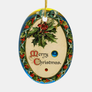 CHRISTMAS KRONA MED HOLLY BERRIES OCH GEM STONES JULGRANSPRYDNAD KERAMIK