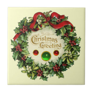 CHRISTMAS KRONA MED MISTLETOES OCH HOLLY BERRIES KAKELPLATTA