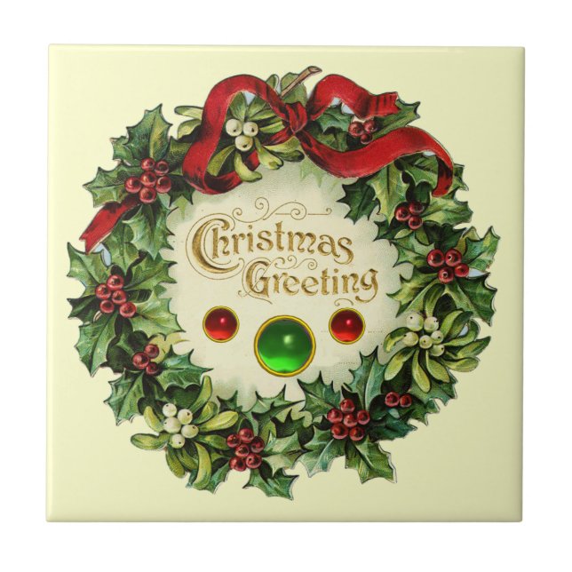 CHRISTMAS KRONA MED MISTLETOES OCH HOLLY BERRIES KAKELPLATTA (Framsidan)