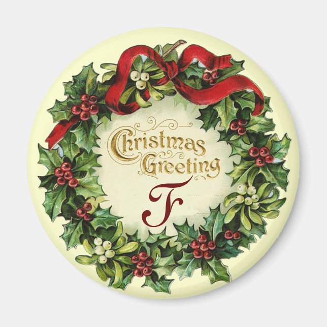 CHRISTMAS KRONA MED MISTLETOES OCH HOLLY BERRIES MAGNET (Framsidan)