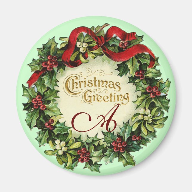 CHRISTMAS KRONA MED MISTLETOES OCH HOLLY BERRIES MAGNET (Framsidan)