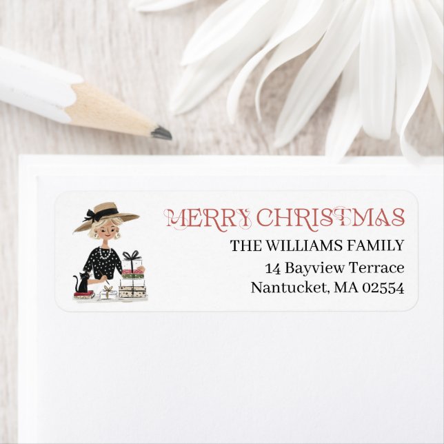Christmas Lady & Cat Personalized Return Address Returadress Etikett (Insitu)