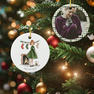 Christmas Lady with Cat Personalized Photo Julgransprydnad Keramik
