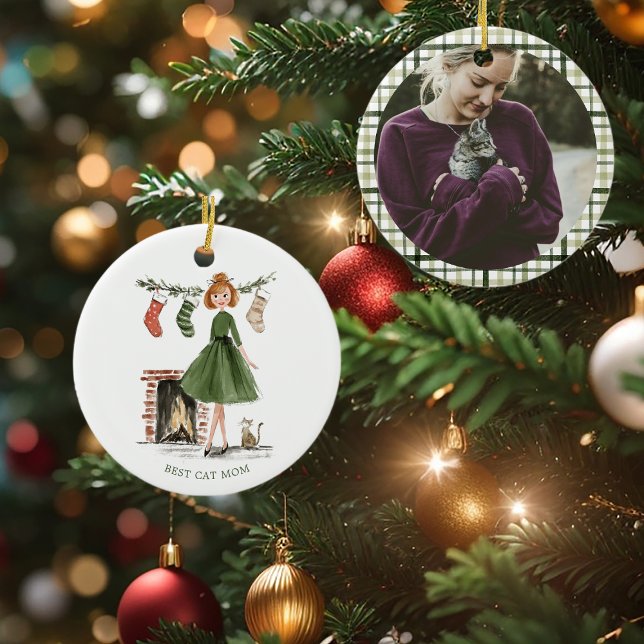 Christmas Lady with Cat Personalized Photo Julgransprydnad Keramik (Skapare uppladdad)