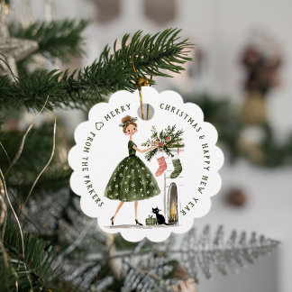 Christmas Lady with Cat Personalized Plaid Holiday Gåvor Etiketter