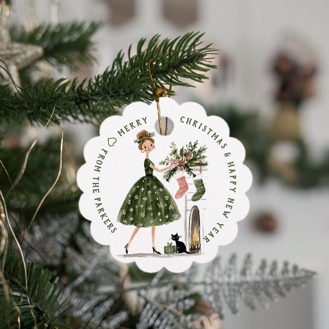 Christmas Lady with Cat Personalized Plaid Holiday Gåvor Etiketter (Skapare uppladdad)