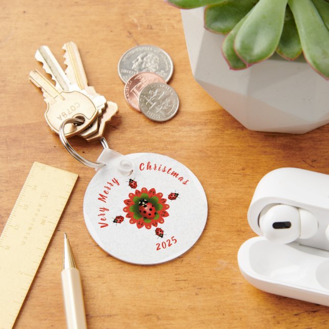 Christmas Ladybug Red Green White Round Nyckelring (Skrivbord)
