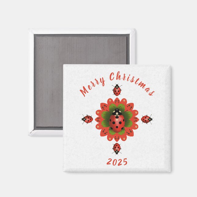 Christmas Ladybug Red Green White Square Magnet (Front/Back)
