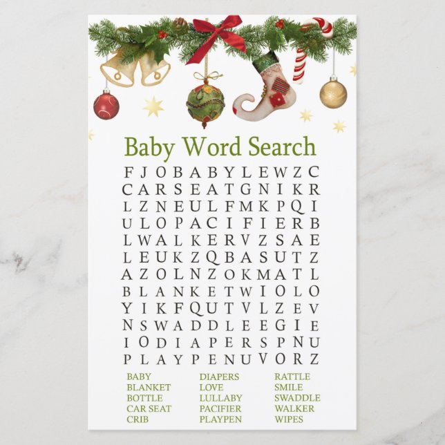 Christmas-lagret Baby Shower Ord Search Game (Framsida)