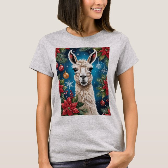 Christmas Lama With Poinsettias & Ornaments T Shirt (Framsida)