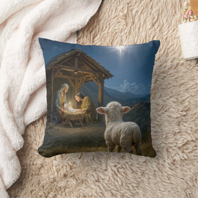 Christmas Lamb Watching the Nativity Scene Kudde (Filt)