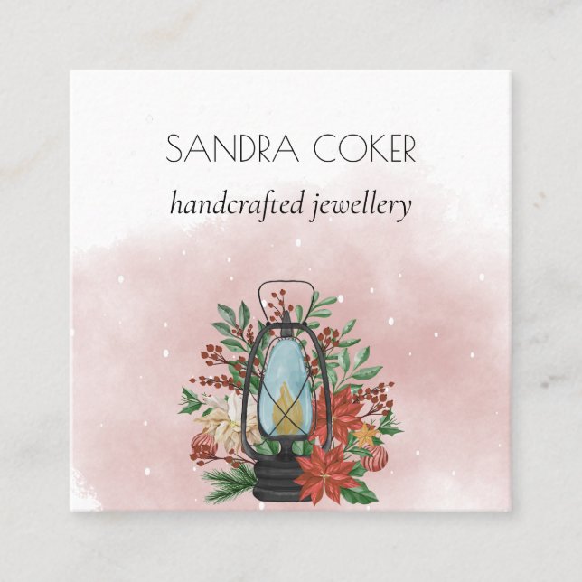 christmas lantern med blompoinsettia Necklace Fyrkantigt Visitkort (Framsida)