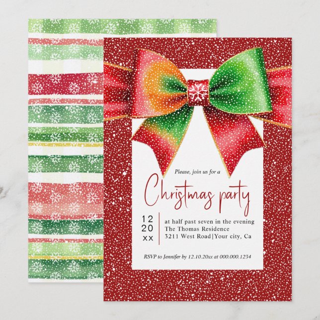 Christmas large red and green bow holiday party inbjudningar (Fram/baksida)