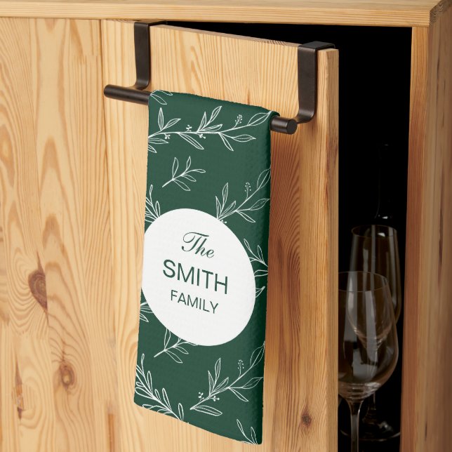 Christmas Leaves Green Pattern Custom Family Name Kökshandduk (Thirds Fold)