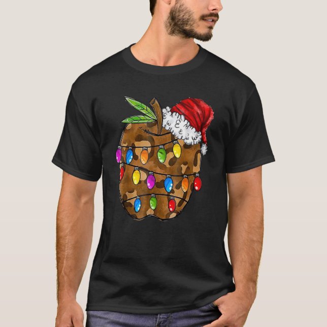 Christmas Leopard Apple Santa Hat Christmas Teache T Shirt (Framsida)