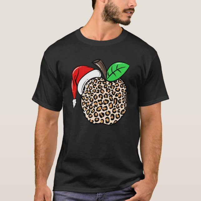 Christmas Leopard Apple Santa Hat Christmas Teache T Shirt (Framsida)