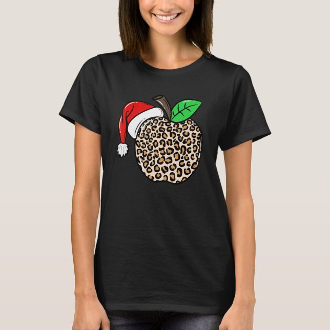 Christmas Leopard Apple Santa Hat Christmas Teache T Shirt (Framsida)
