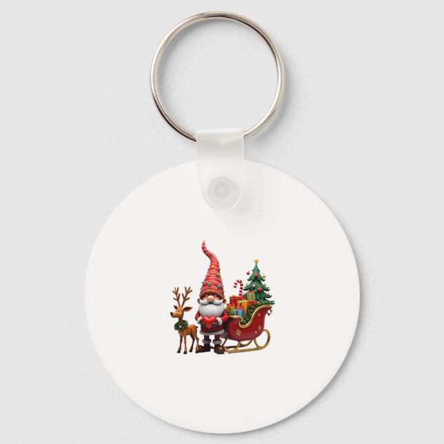Christmas Light Gnome Santa Claus Riding Sleigh Hi Nyckelring (Framsida)