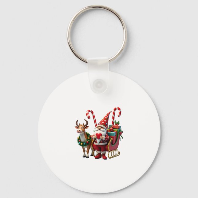 Christmas Light Gnome Santa Claus Riding Sleigh Hi Nyckelring (Framsida)