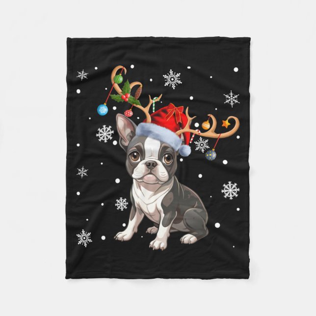Christmas Light Reindeer Santa Hat Boston Terrier  Fleecefilt (Framsidan)