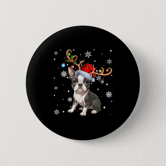 Christmas Light Reindeer Santa Hat Boston Terrier  Knapp (Framsida)