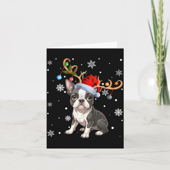 Christmas Light Reindeer Santa Hat Boston Terrier  Kort (Framsida)