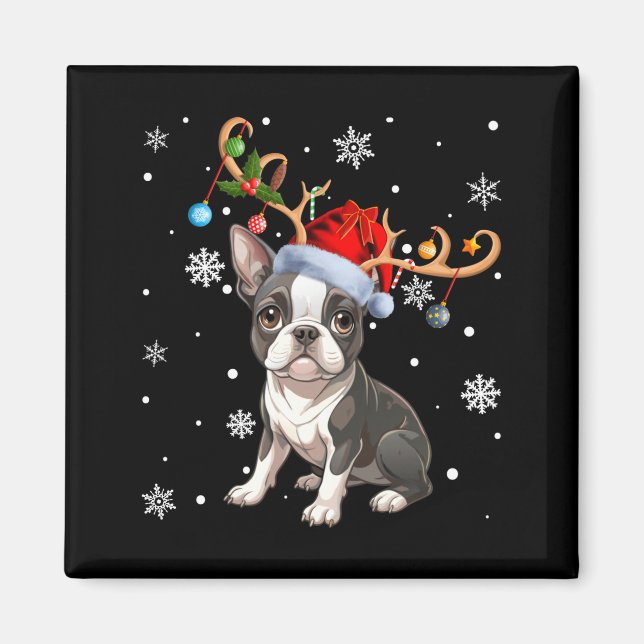Christmas Light Reindeer Santa Hat Boston Terrier  Magnet (Framsidan)