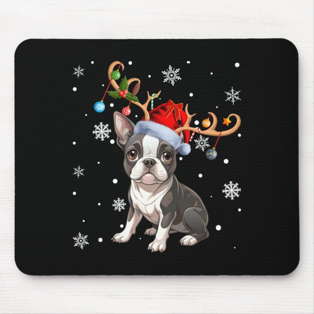 Christmas Light Reindeer Santa Hat Boston Terrier  Musmatta (Framsidan)