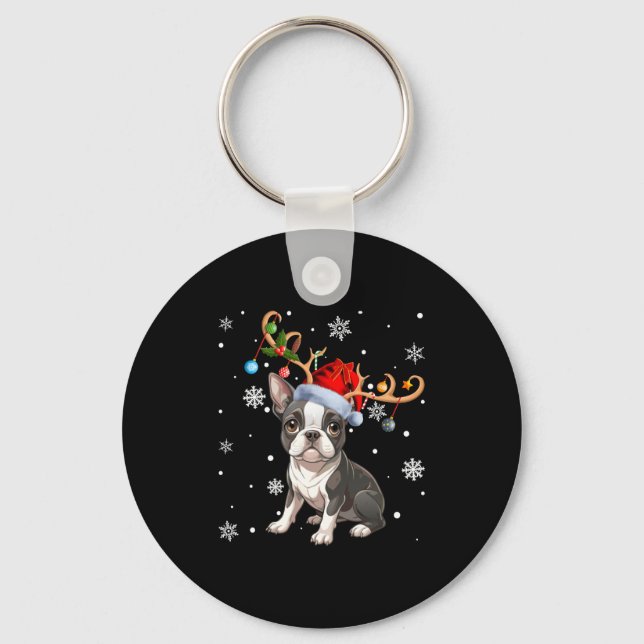 Christmas Light Reindeer Santa Hat Boston Terrier  Nyckelring (Framsida)