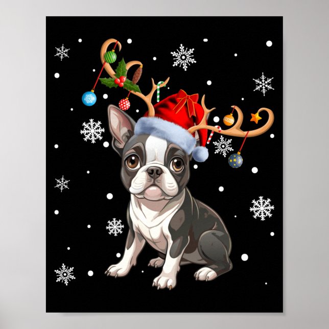 Christmas Light Reindeer Santa Hat Boston Terrier  Poster (Framsidan)