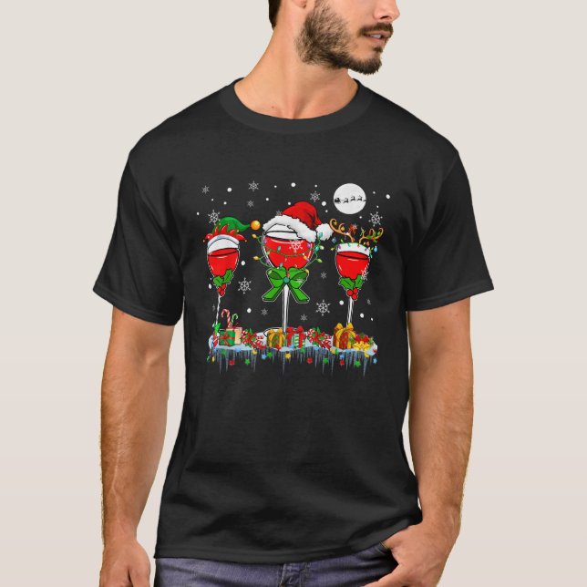 Christmas Light Three Santa Reindeer Elf Wine Glas T Shirt (Framsida)