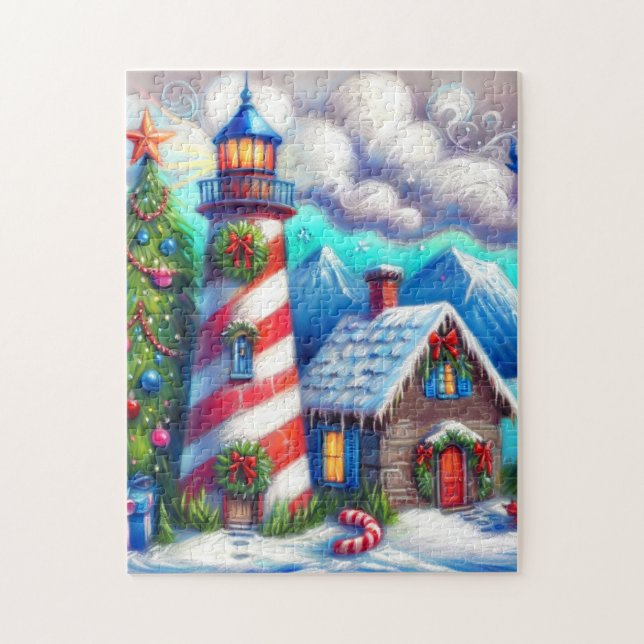 Christmas Lighthouse Nautical Coastal Mountain Pussel (Vertikal)