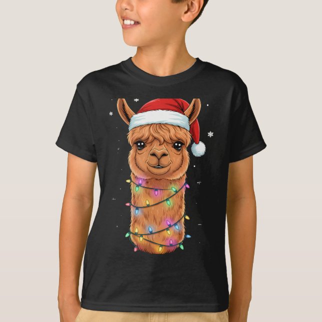 Christmas Lights Alpaca Santa Hat Llama Cute Xmas  T Shirt (Framsida)