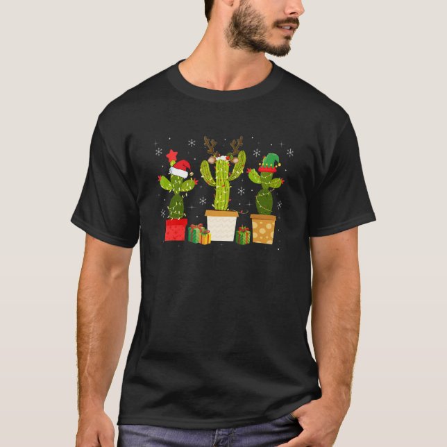 Christmas Lights Cactus   Xmas Pajama Holiday T Shirt (Framsida)
