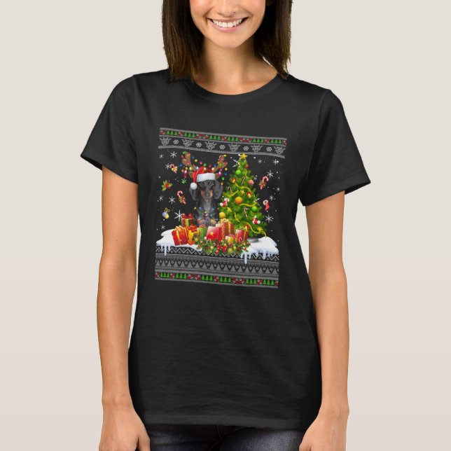 Christmas Lights Dachshund Dog  Xmas Ugly Sweater T Shirt (Framsida)