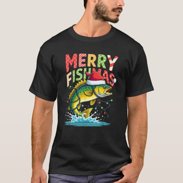Christmas Lights Fisherman Fishing Merry Fishmas  T Shirt (Framsida)